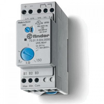 Реле контроля уровня; настраиваемый диапазон чувствительности 5…150кОм; питание 24В DC; выход 1CO 16А; модульное, ширина 35мм; степень защиты IP20